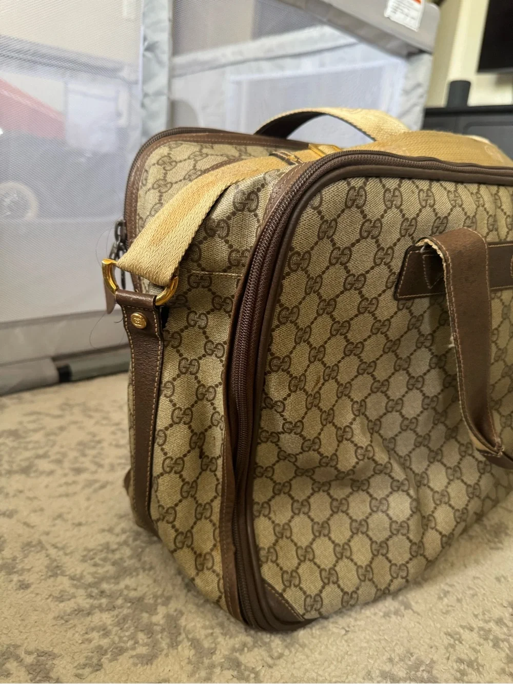 Vintage Gucci Beige Monogram Travel Bag with Brown Trim